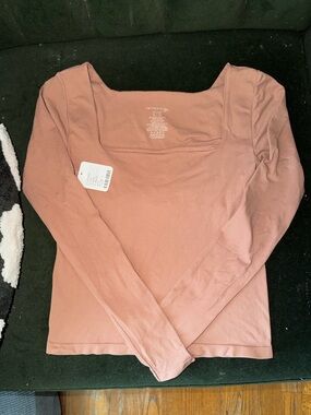 Free People Long-Sleeve Square Neck Top in Beige Dusty Rose